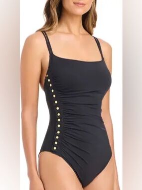 Bleu Rod Beattie Womens  Snap To It! Tank One Piece Swimsuit Black NWT Size 10